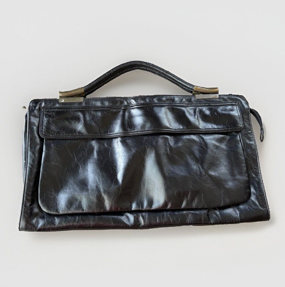 Vintage HOBO International Black Leather Large Clutch Travel Portfolio Purse Zip